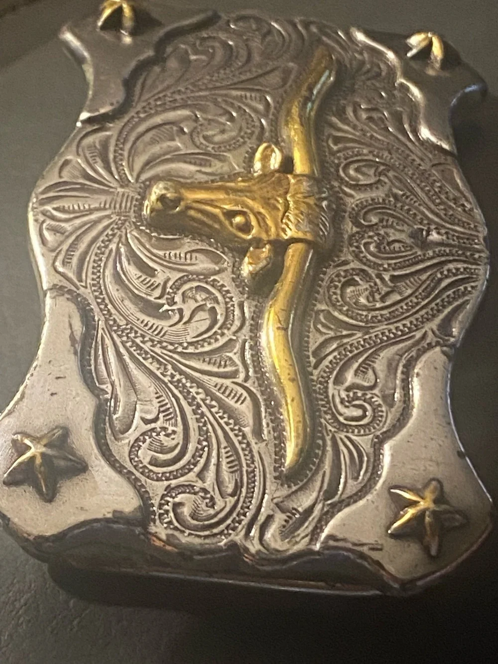 Vintage Western Style Longhorn Steer Belt Buckle Two-Tone Silver & Gold Draign